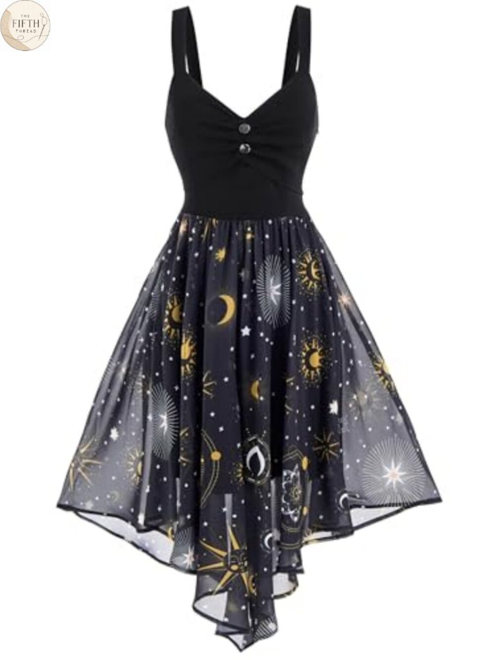 Vintage Chiffon Sleeveless A-Line Dress Sun Moon Star Fit Flare
